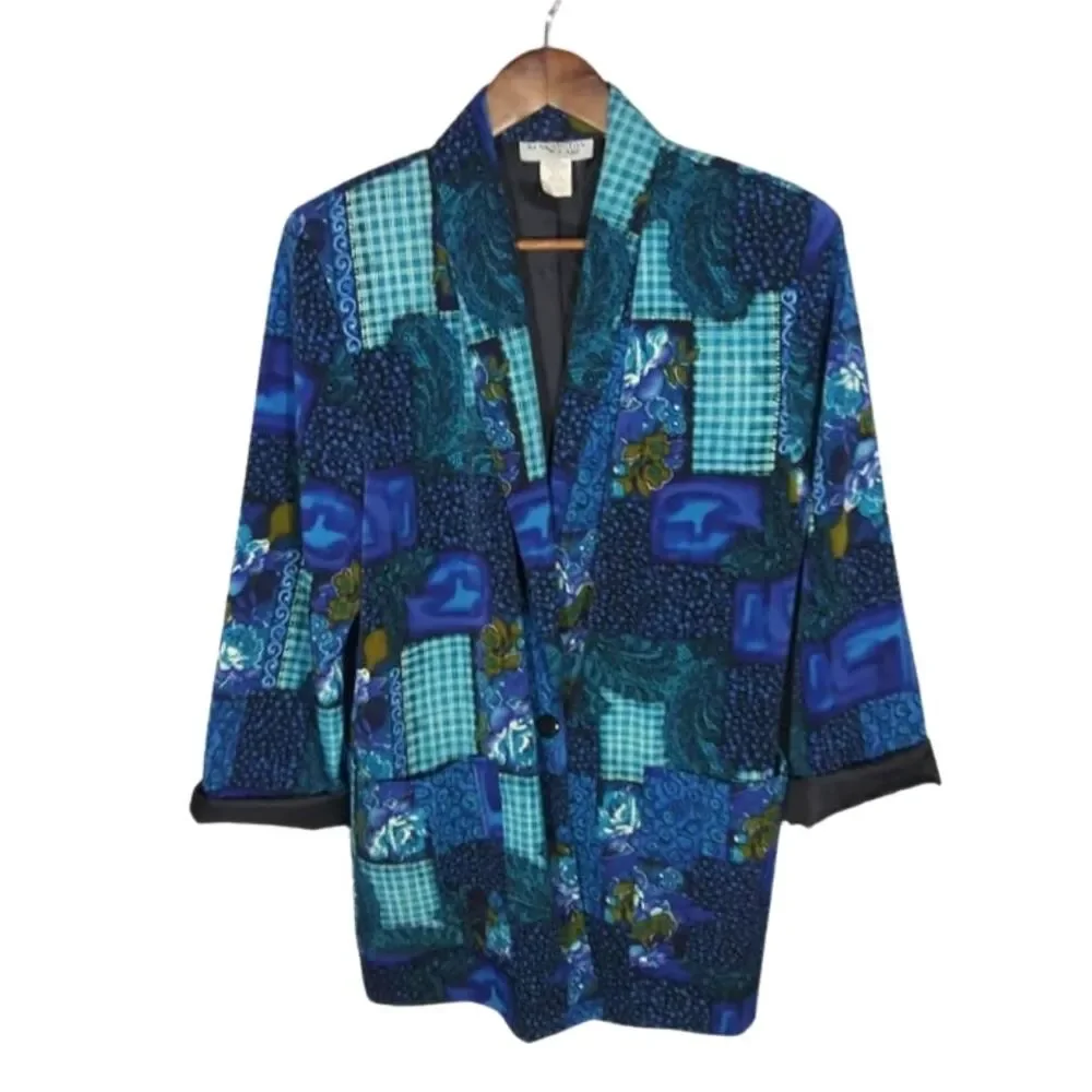 Vintage Kensington Square Blue Patchwork Printed Grandma Blazer Sz Medium